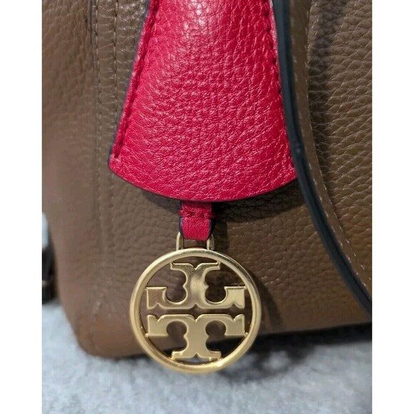 Tory Burch Perry Leather Satchel Bag Brown Moose w/ Red Interior - Picture 2 of 13